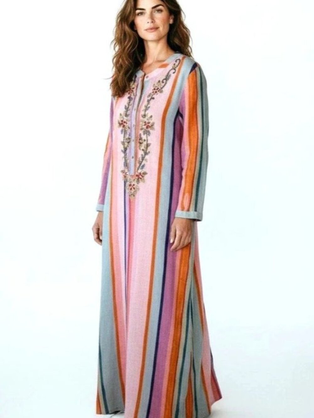 Soft Surroundings Aruba Gauze Caftan Dress XL Maxi Stripe Beads Pockets *No Slip